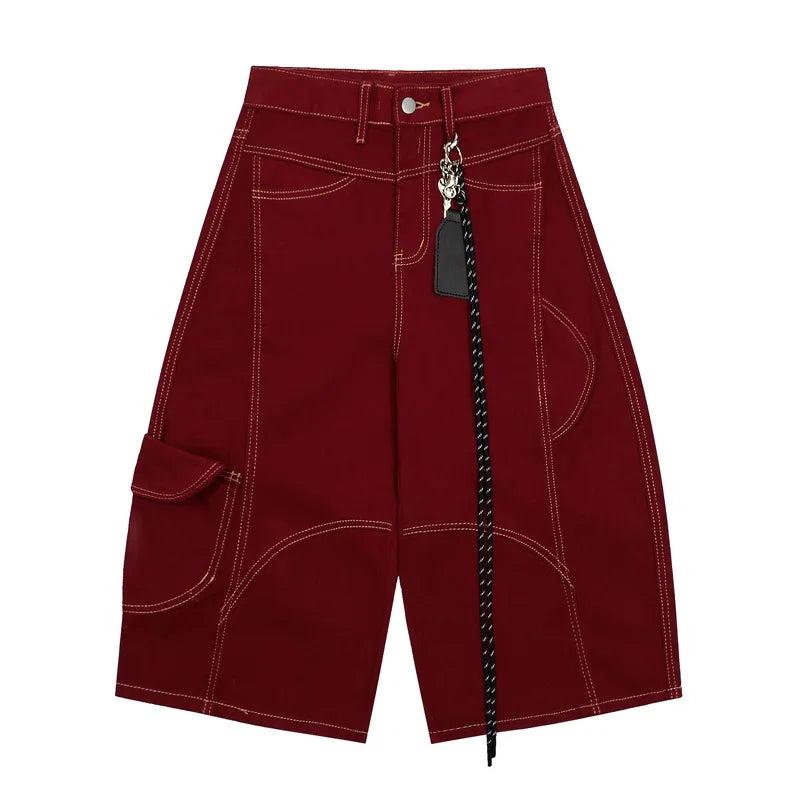 Y2K Contrast Stitch Wide Leg Long Denim Shorts Jorts