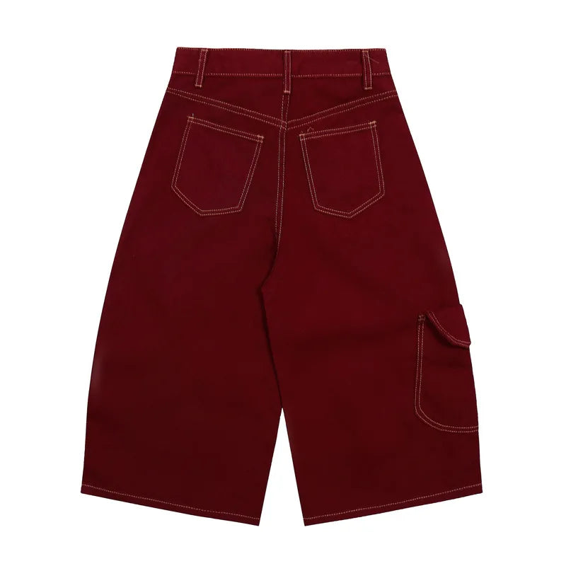 Y2K Contrast Stitch Wide Leg Long Denim Shorts Jorts