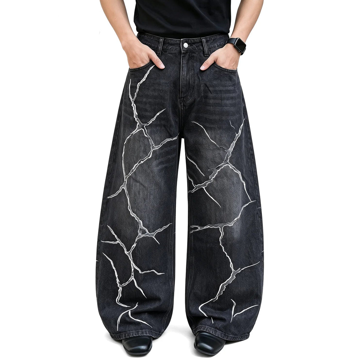 Y2K Cracked Graphic Baggy Wide Leg Barrel Jeans