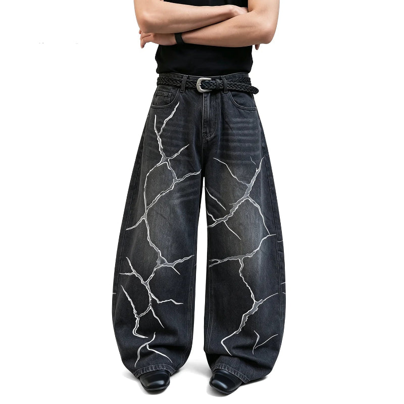 Y2K Cracked Graphic Baggy Wide Leg Barrel Jeans