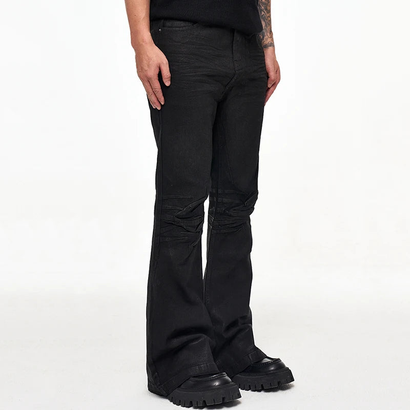 Y2K Crease Textured Wide Leg Micro Slim Fit Boot Cut Black Jeans