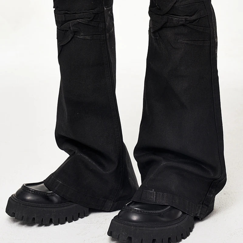 Y2K Crease Textured Wide Leg Micro Slim Fit Boot Cut Black Jeans