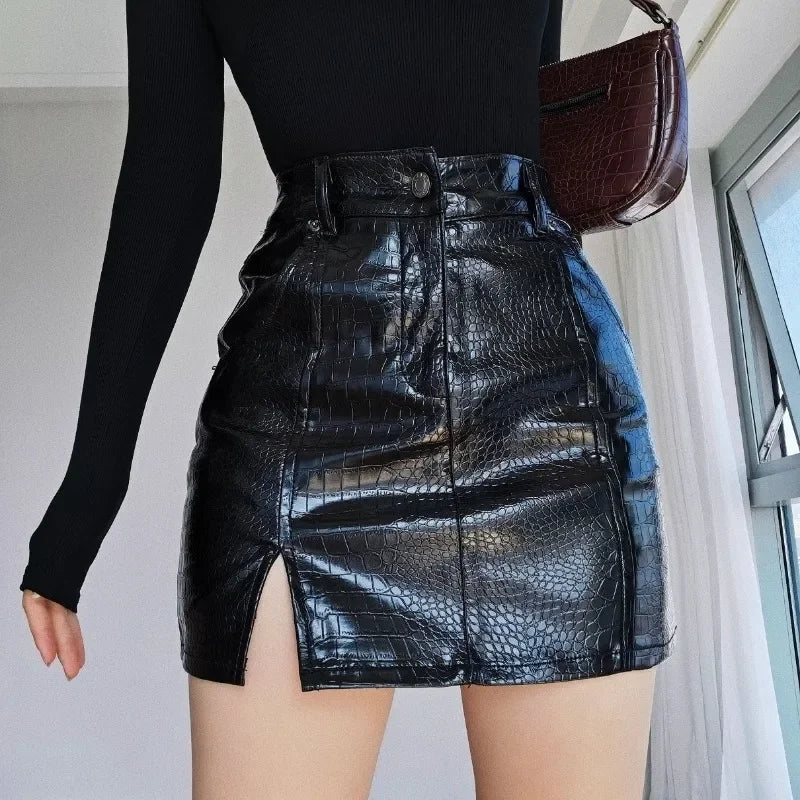 Y2K Crocodile Print Faux Leather Split Mini Skirt