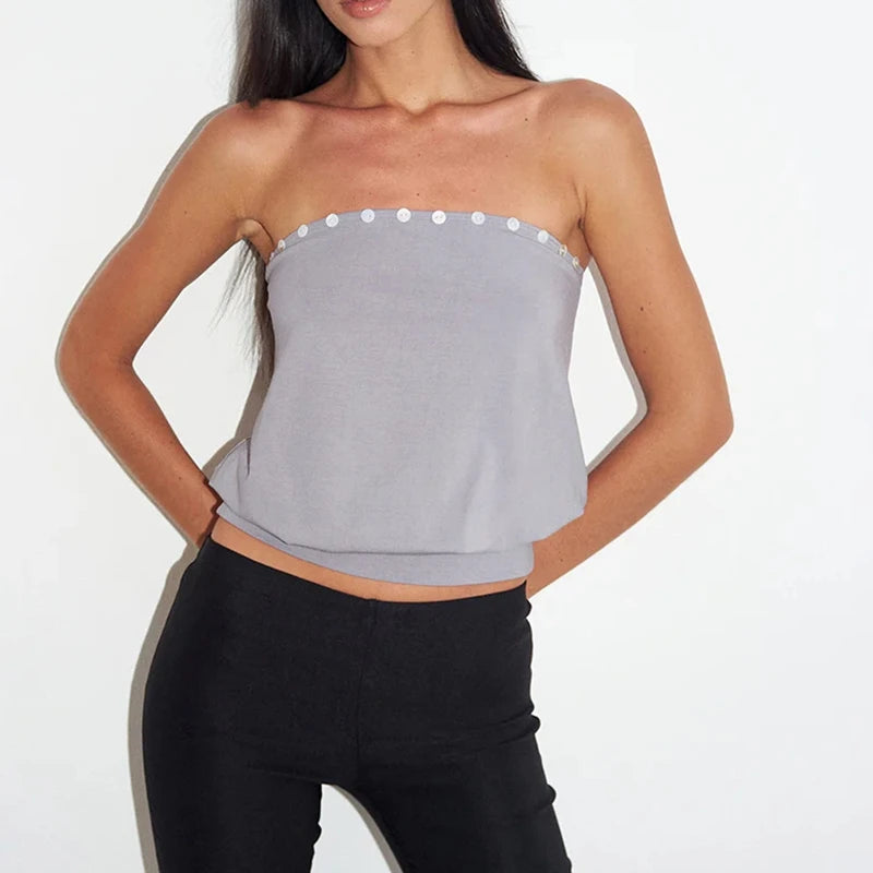 Y2K Crop Button Decor Bandeau Tube Top