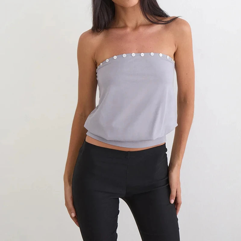 Y2K Crop Button Decor Bandeau Tube Top