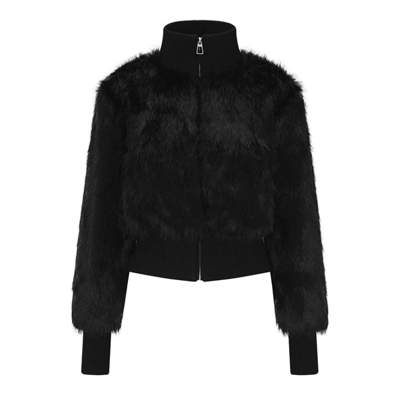 Y2K Cropped Black Faux Fur Zip Up Jacket