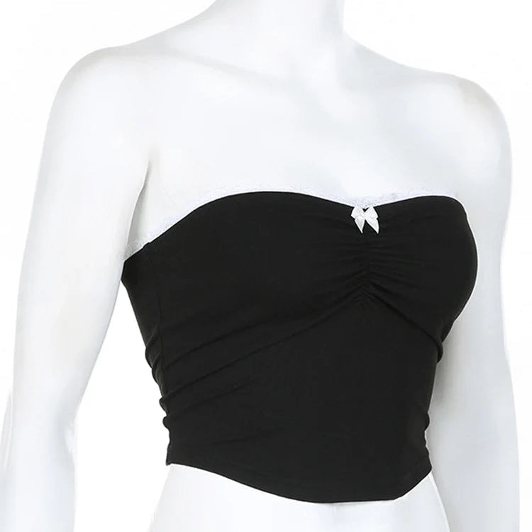 Y2K Cropped Contrast Bow Stitched Bandeau Tube Top