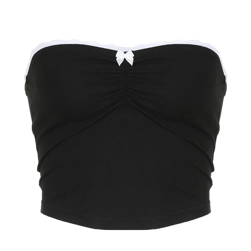 Y2K Cropped Contrast Bow Stitched Bandeau Tube Top