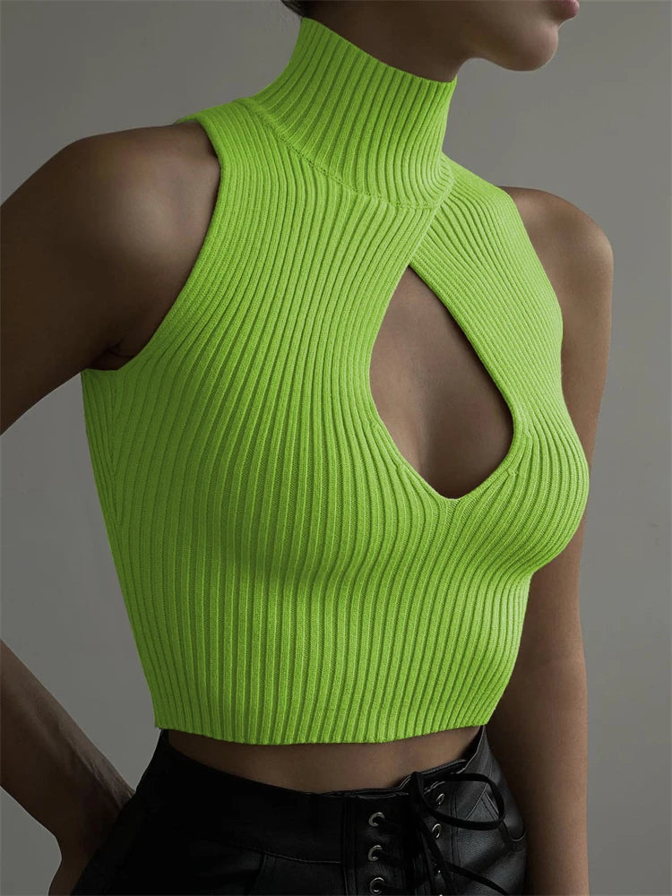 Y2K Cropped Turtleneck Ribbed Sleeveless Low Cut Top