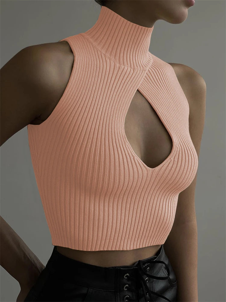 Y2K Cropped Turtleneck Ribbed Sleeveless Low Cut Top