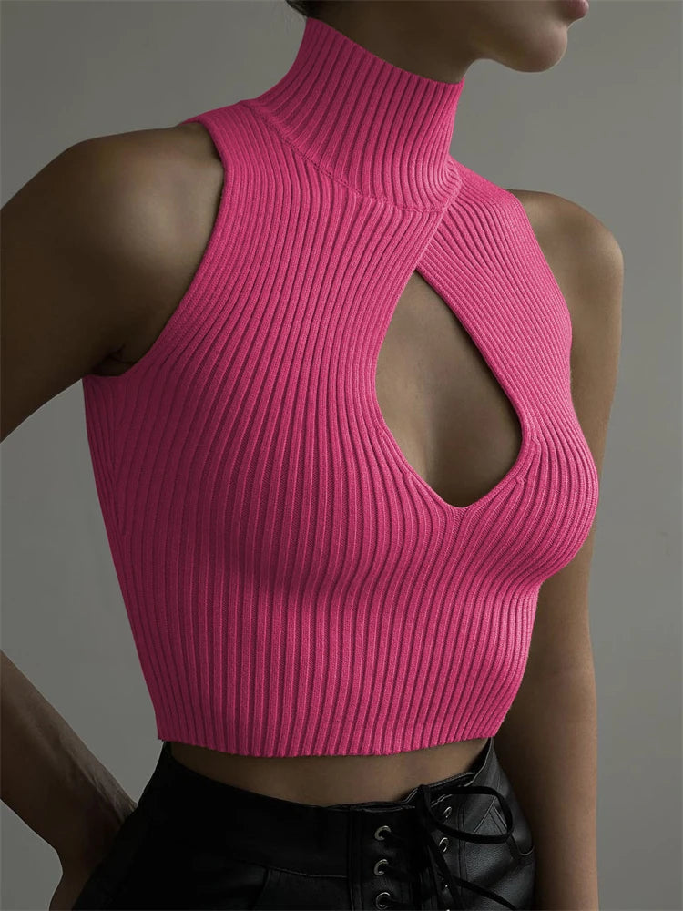 Y2K Cropped Turtleneck Ribbed Sleeveless Low Cut Top