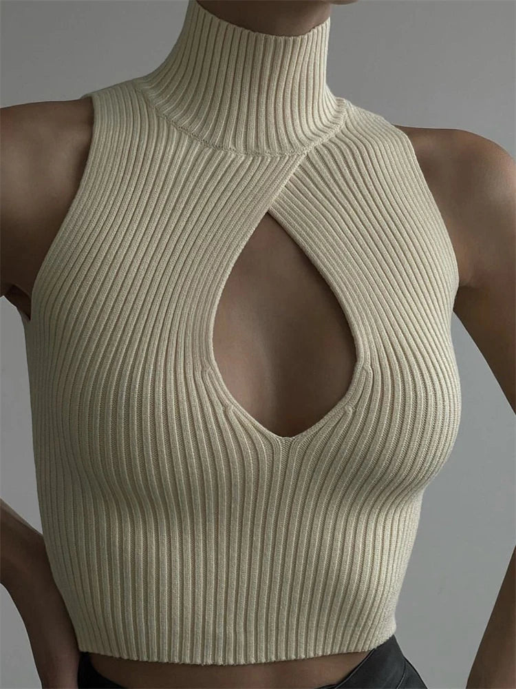 Y2K Cropped Turtleneck Ribbed Sleeveless Low Cut Top