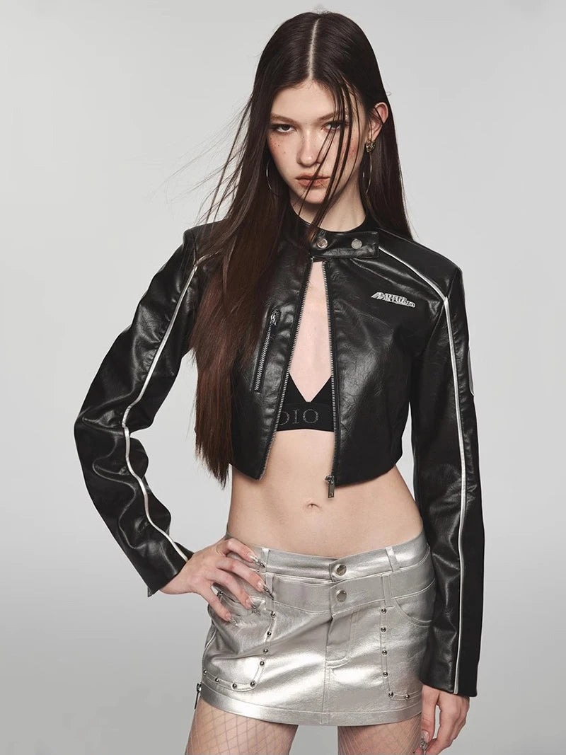 Y2K Cropped Womens Moto Leather Jacket