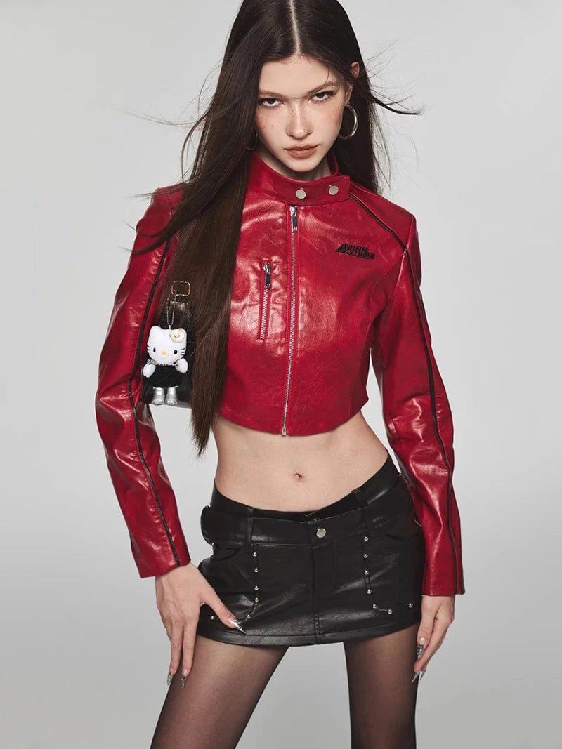 Y2K Cropped Womens Moto Leather Jacket