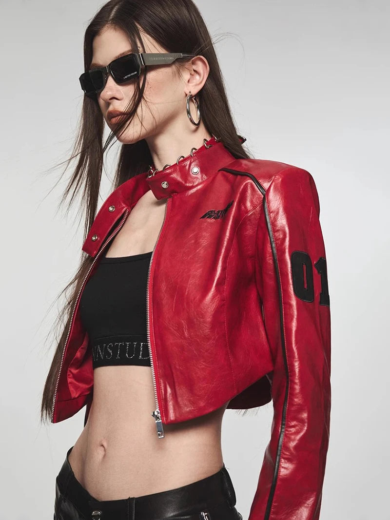 Y2K Cropped Womens Moto Leather Jacket