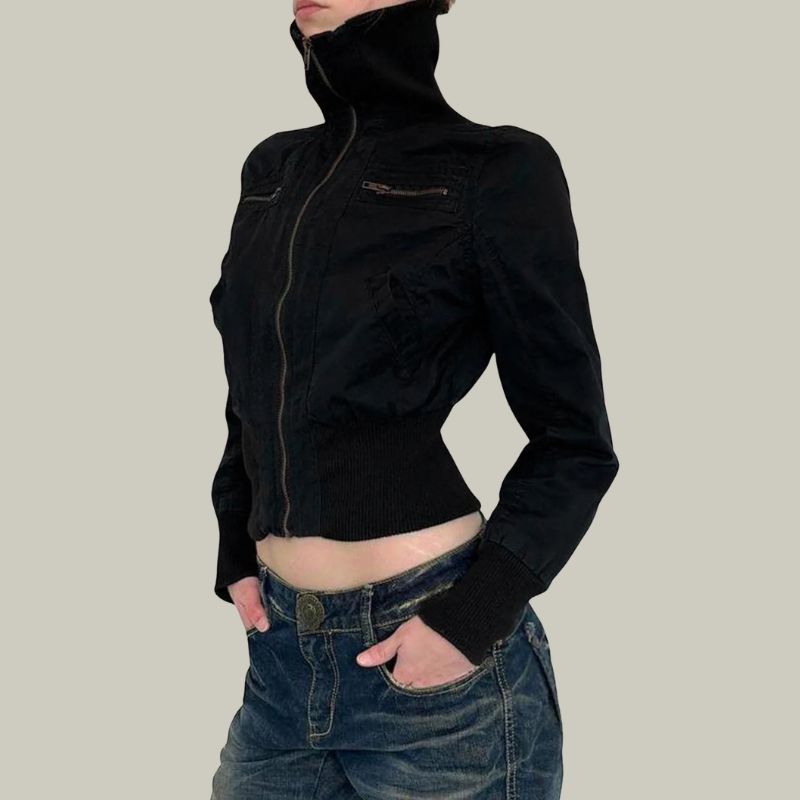 Y2K Cropped Zip Up Slim Turtleneck Bomber Jacket