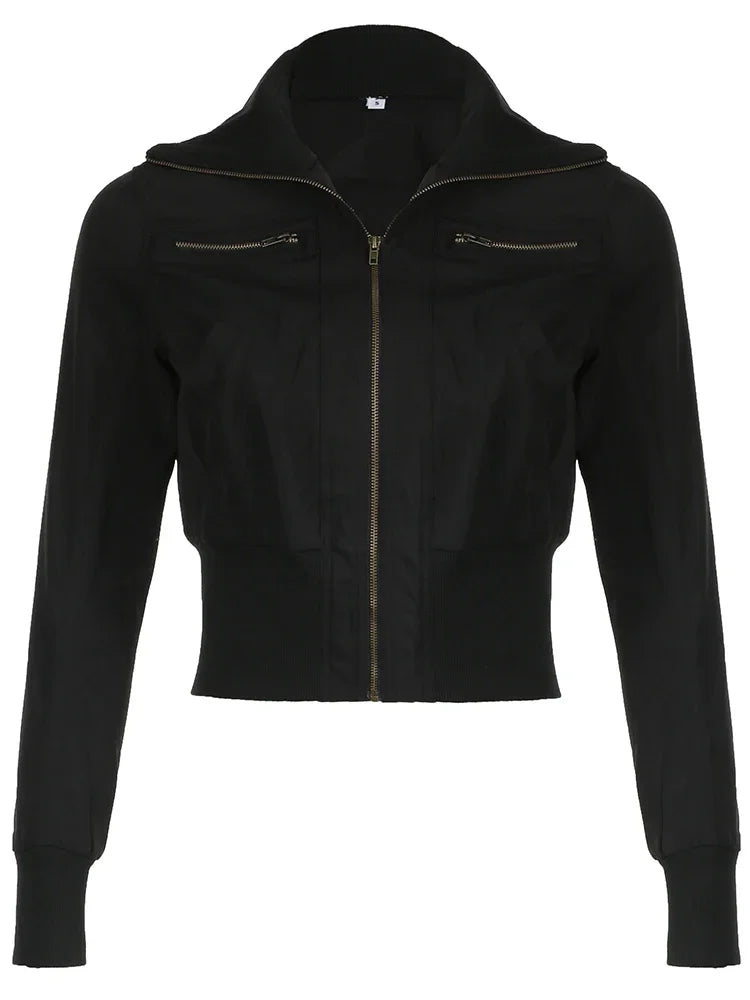 Y2K Cropped Zip Up Slim Turtleneck Bomber Jacket