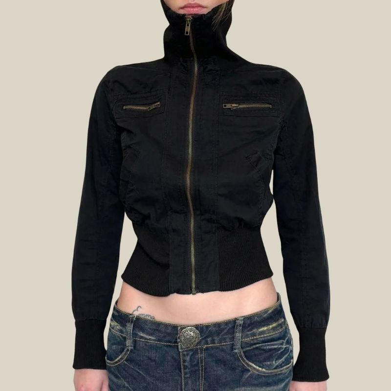 Y2K Cropped Zip Up Slim Turtleneck Bomber Jacket