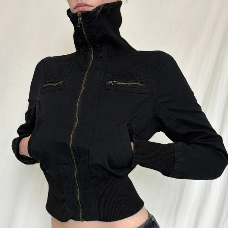 Y2K Cropped Zip Up Slim Turtleneck Bomber Jacket