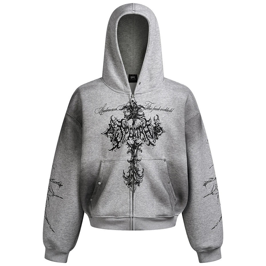 Y2K Cross Dark Gothic Full Zip Up Hoodie