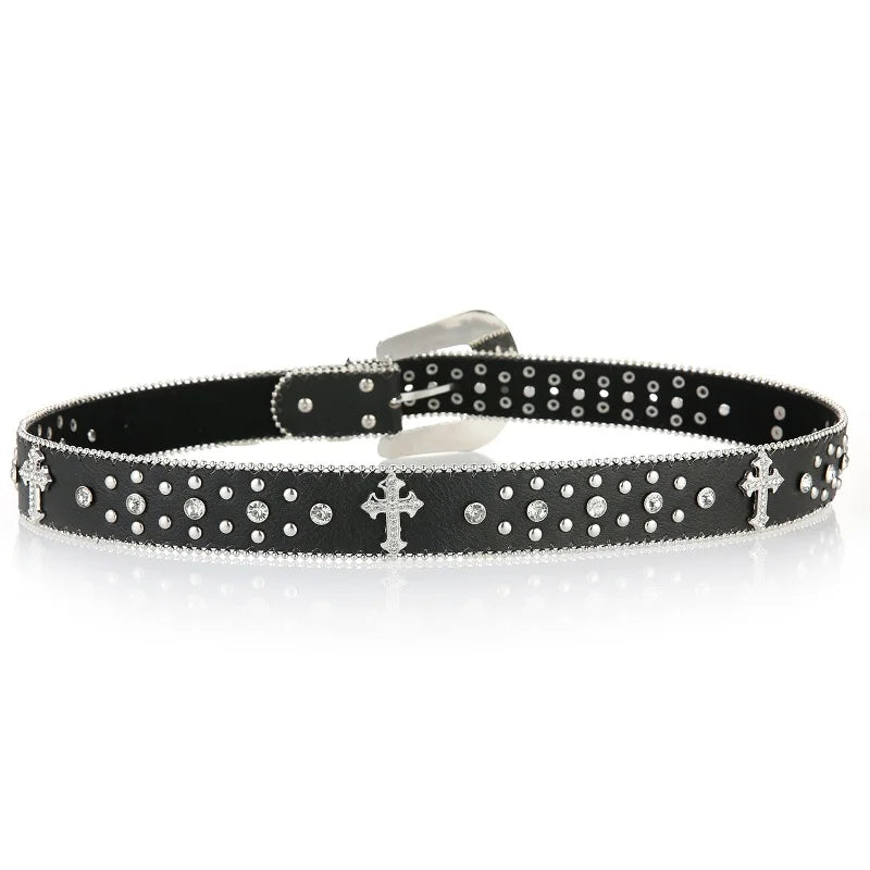 Y2K Cross Studded And Gems Rhinestone Big Buckle Belt