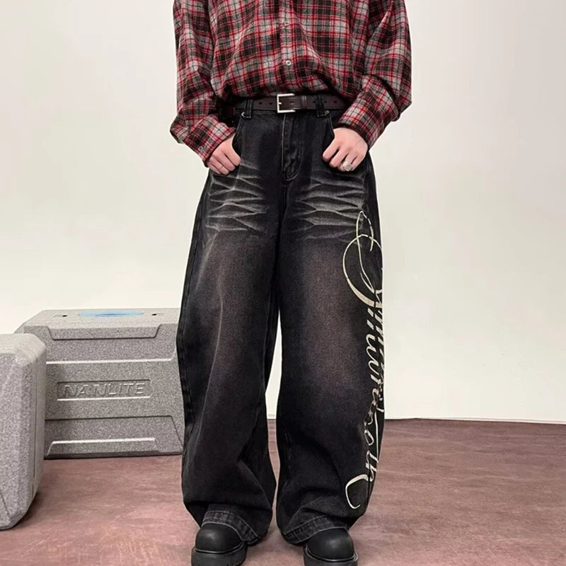 Y2K Cursive Letter Print Graphic Barrel Jeans