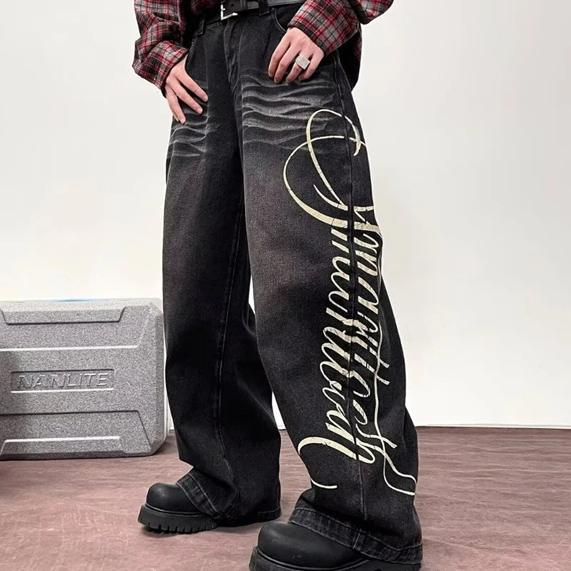 Y2K Cursive Letter Print Graphic Barrel Jeans