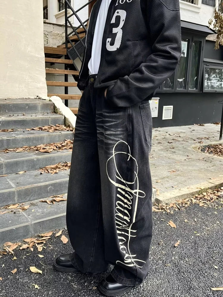 Y2K Cursive Letter Print Graphic Barrel Jeans