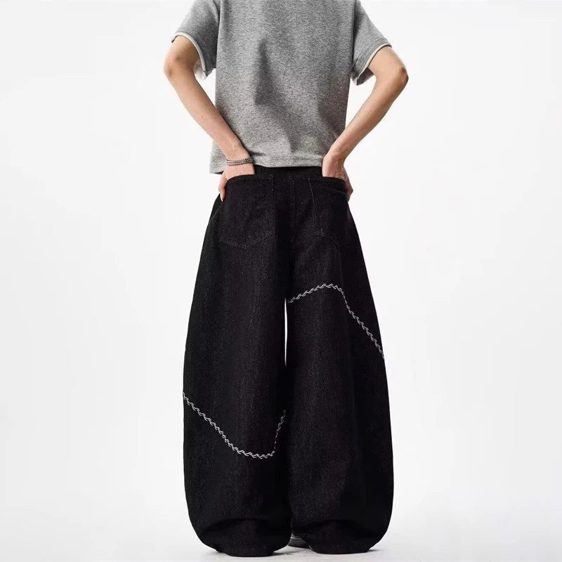 Y2K Curved Chain Graphic Barrel Denim Jeans