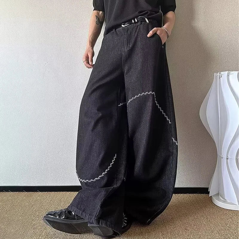 Y2K Curved Chain Graphic Barrel Denim Jeans