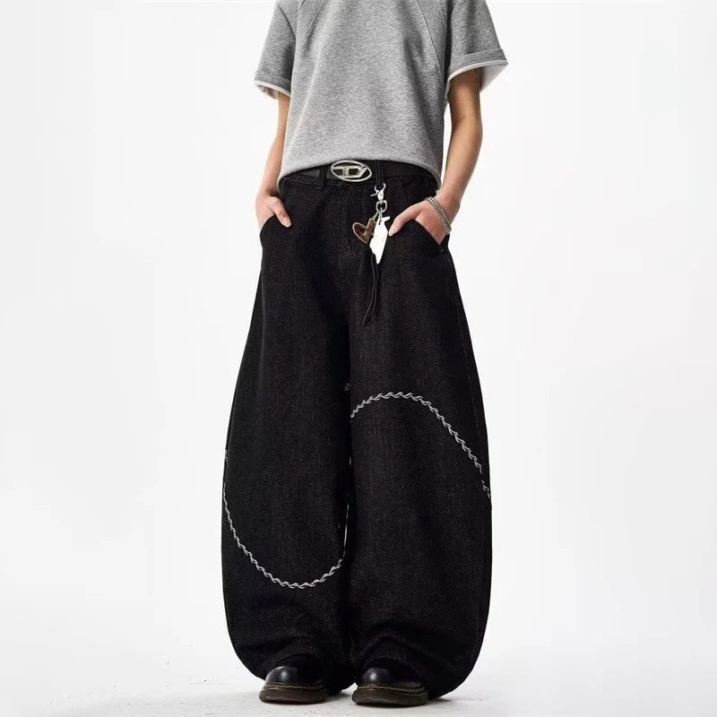 Y2K Curved Chain Graphic Barrel Denim Jeans