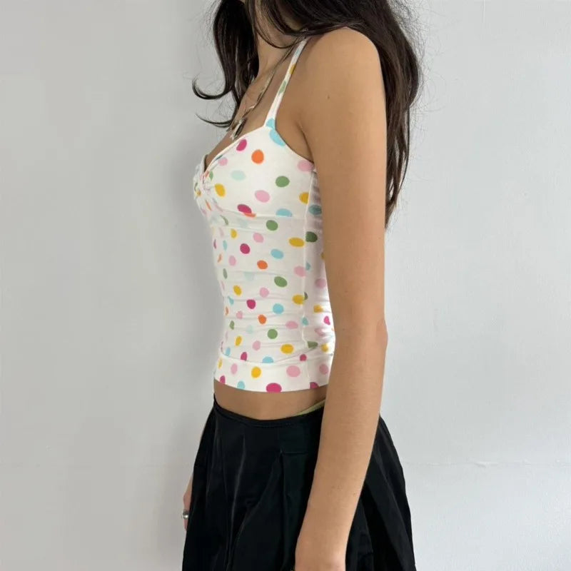 Y2K Cute Girl Polka Dot Print Halter Vest Crop Top