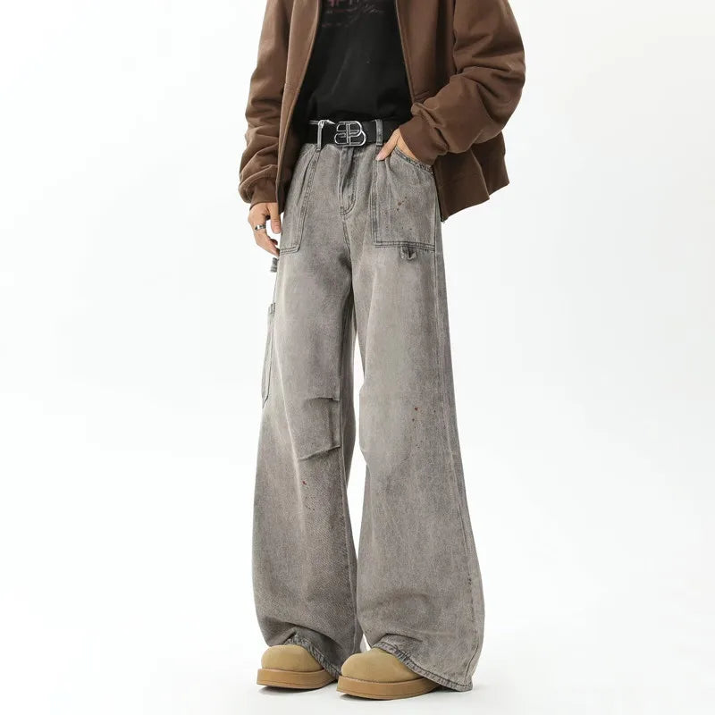 Y2K Cyber Distressed Grey Pleated Baggy Boot Cut Cargo Jeans