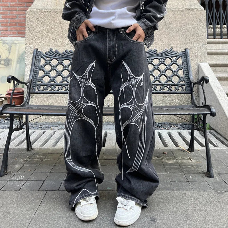 Y2K Cyber Embroidery Stacked Baggy Jeans