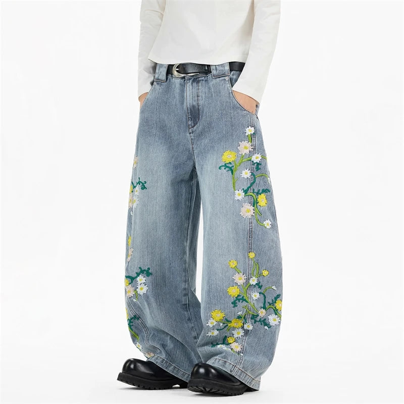 Y2K Daffodil and Daisies Floral Embroidered Baggy Barrel Jeans