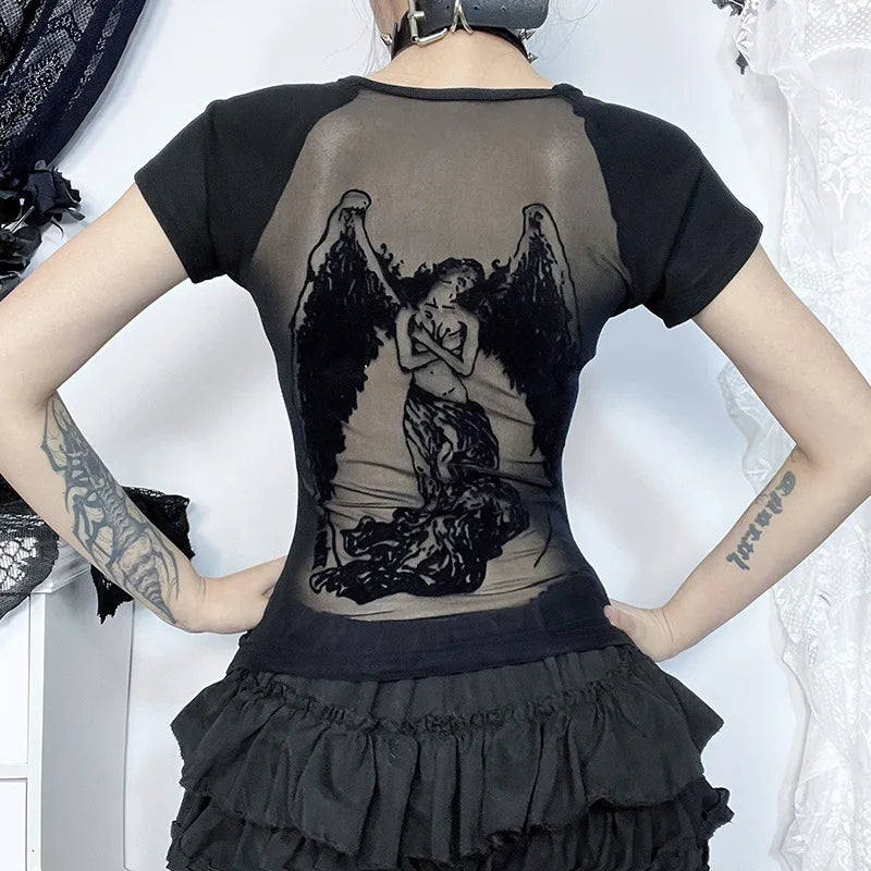 Y2K Dark Angel Graphic Mesh Baby Tee