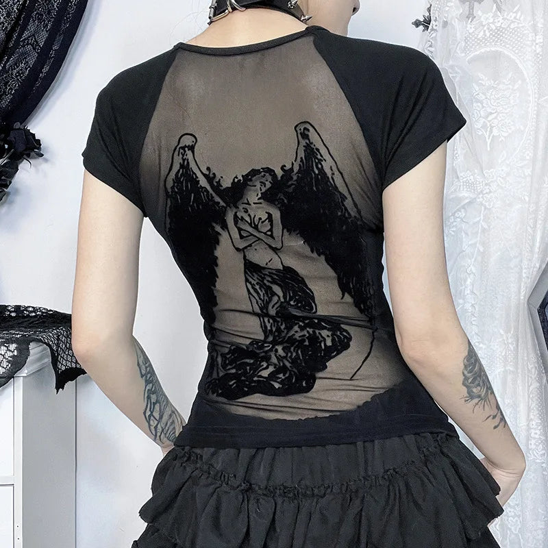 Y2K Dark Angel Graphic Mesh Baby Tee