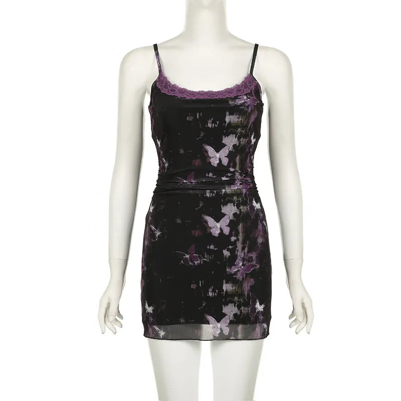 Y2K Dark Purple Butterfly Mini Dress