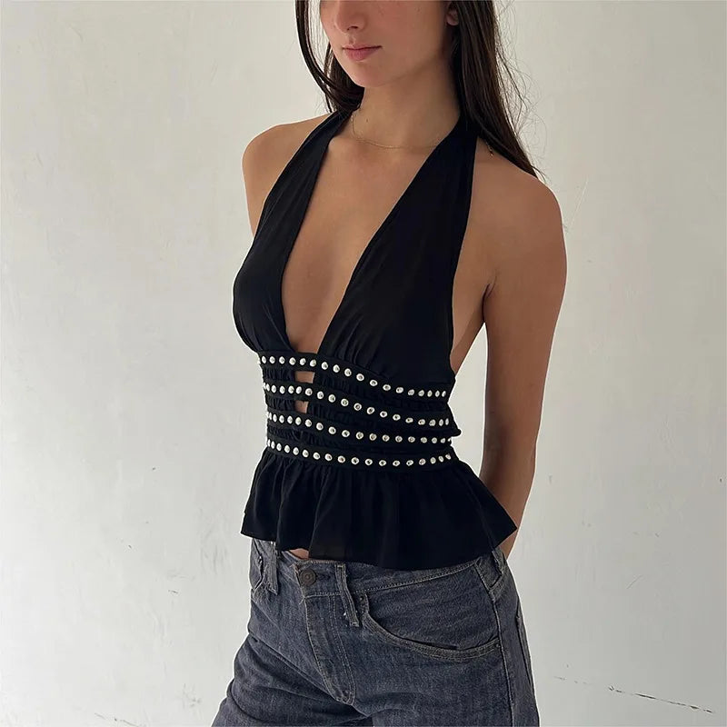 Y2K Deep V-Neck Studded Black Halter Top