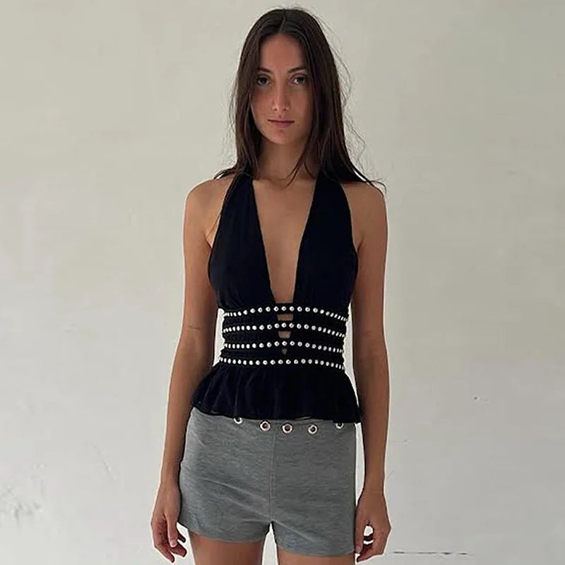 Y2K Deep V-Neck Studded Black Halter Top