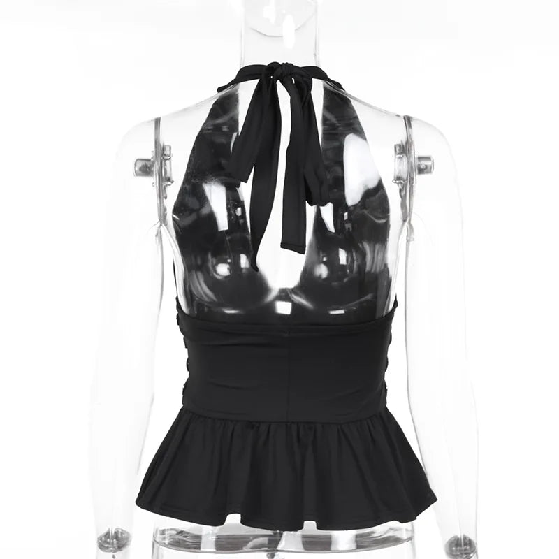 Y2K Deep V-Neck Studded Black Halter Top