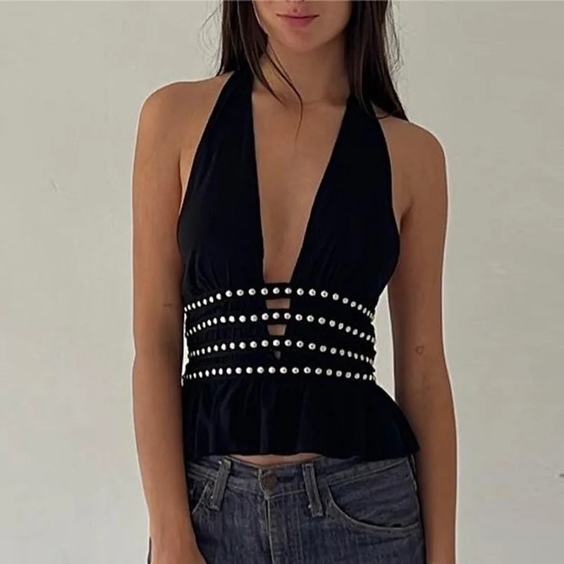 Y2K Deep V-Neck Studded Black Halter Top