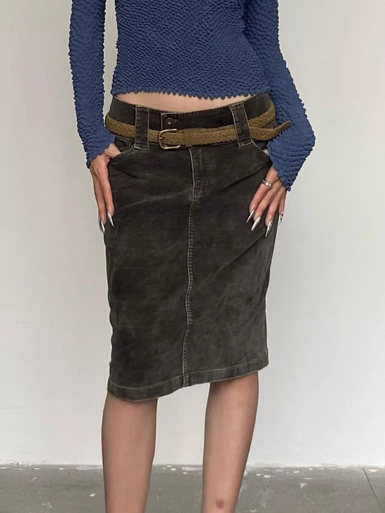 Y2K Denim Low Waist Knee Length Straight Midi Skirt