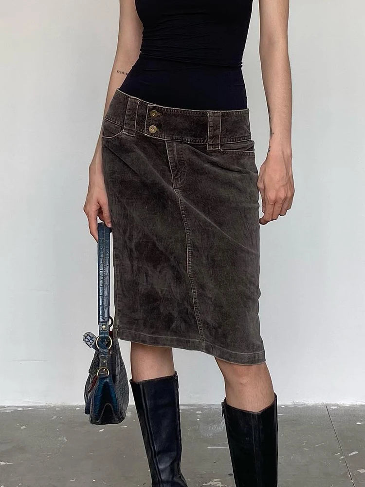 Y2K Denim Low Waist Knee Length Straight Midi Skirt