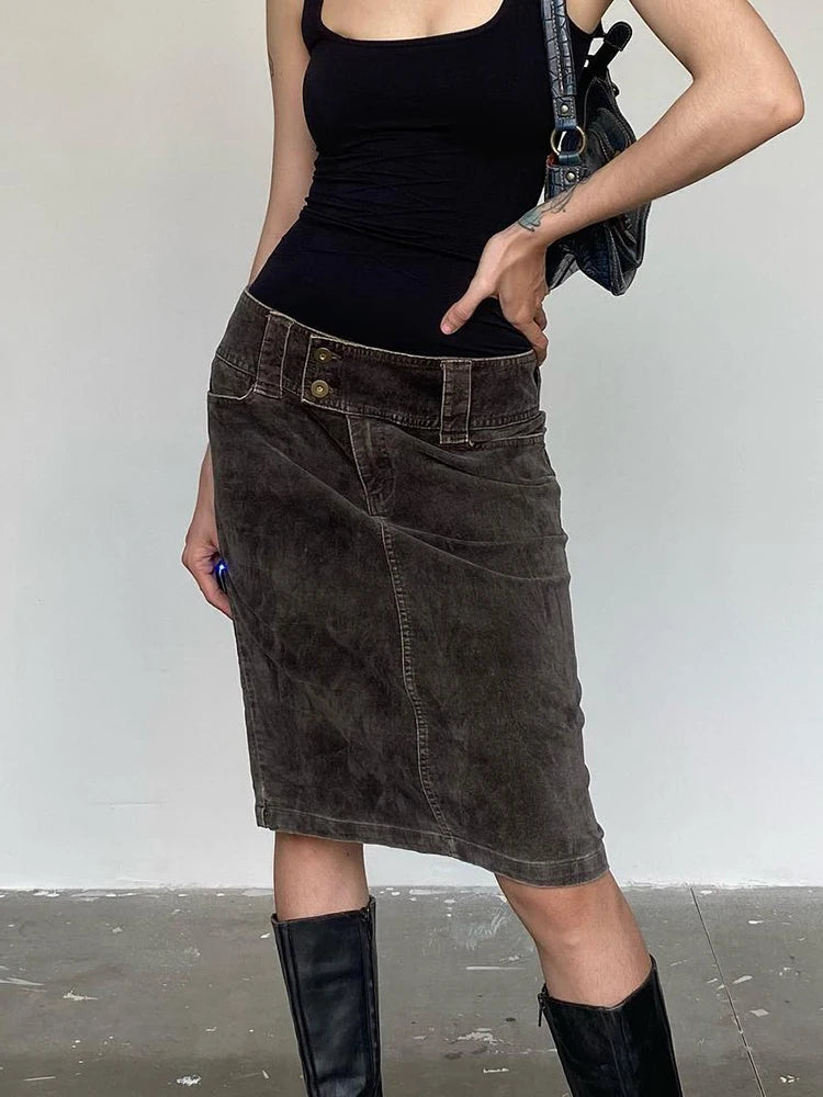 Y2K Denim Low Waist Knee Length Straight Midi Skirt