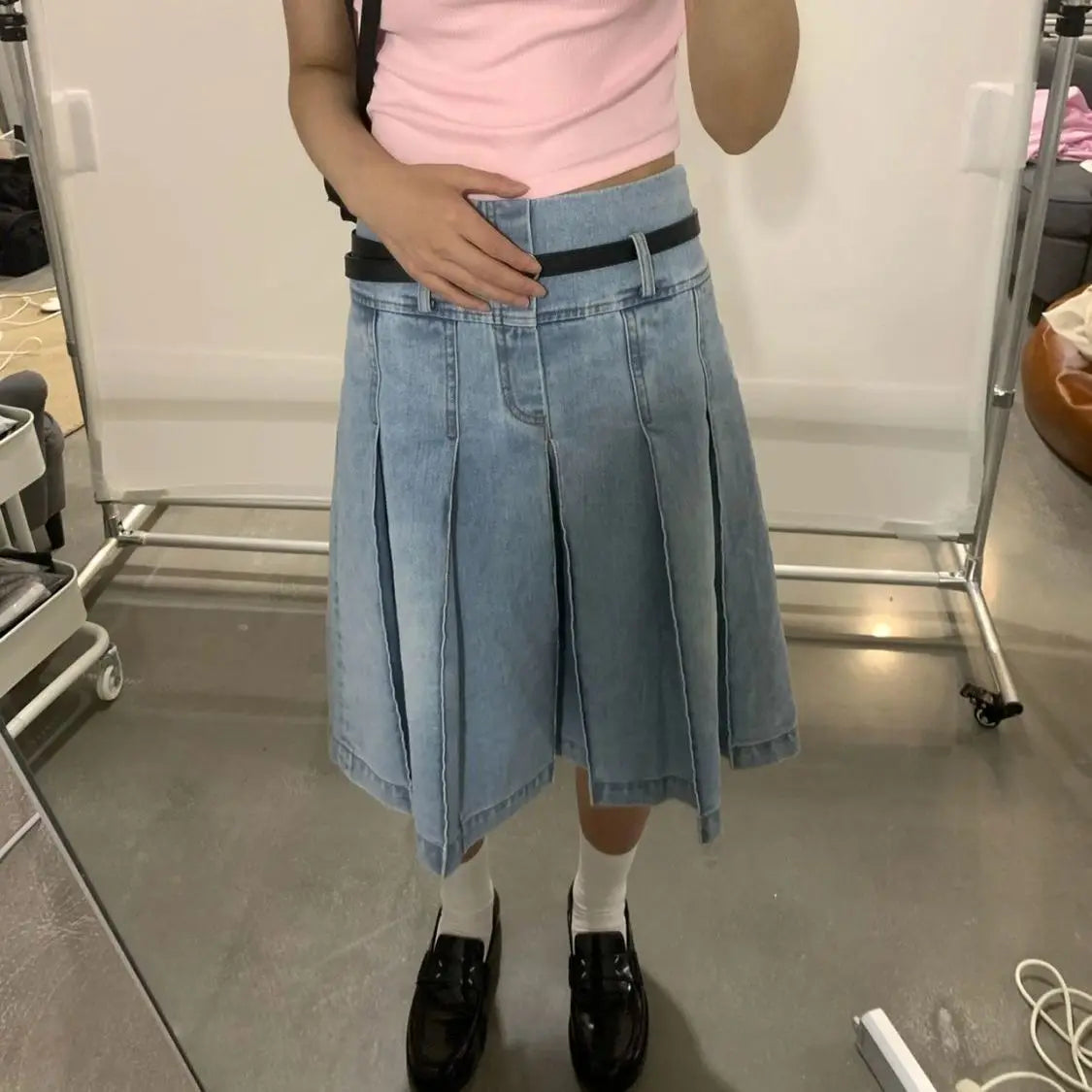 Y2K Denim Pleated Midi Skirt