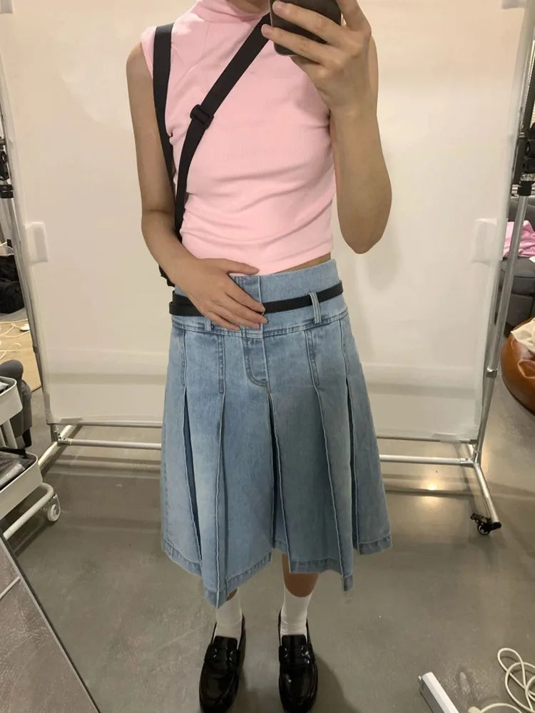 Y2K Denim Pleated Midi Skirt