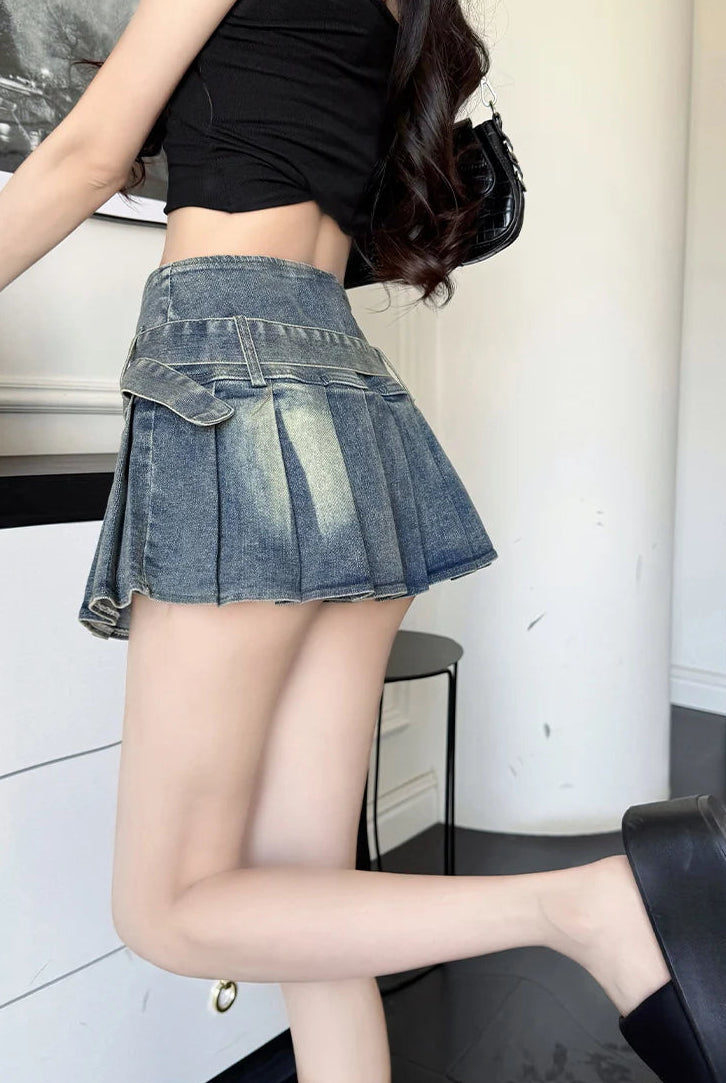 Y2K Denim Retro Hight Waist Pleated A Line Mini Skirt