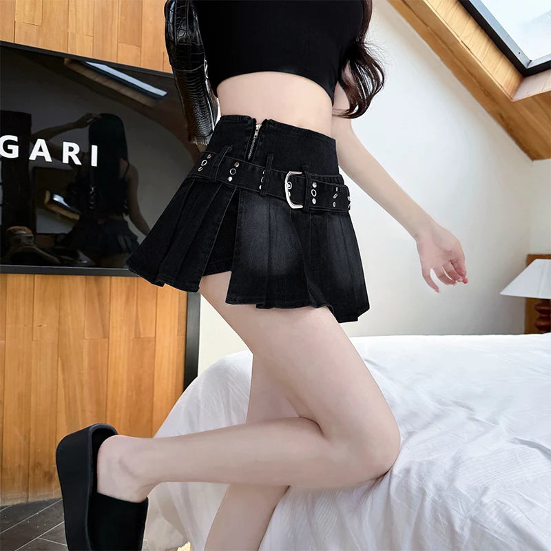 Y2K Denim Retro Hight Waist Pleated A Line Mini Skirt