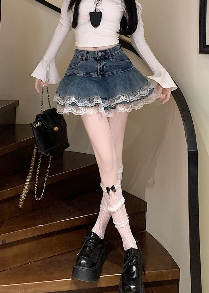 Y2K Denim Retro Hight Waist Pleated A Line Mini Skirt